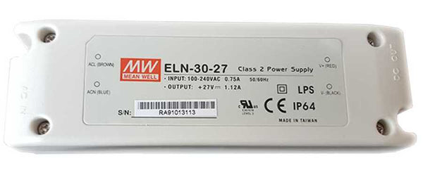 Mean Well ELN-30-27- Class 2 Power Supply, Input: 100-240VAC 1.12A 50/60Hz.  Output: +27VDC 2.3A LPS CE IP64 - ORILIS LED LIGHTING SOLUTIONS