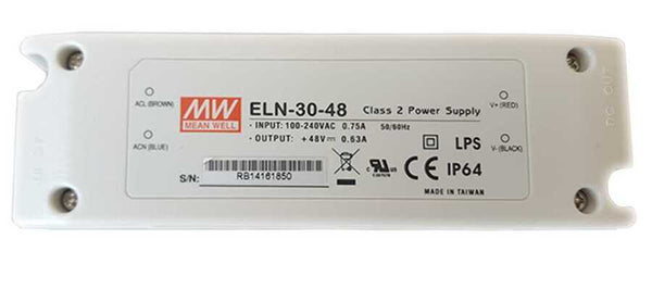 Mean Well ELN-30-48-Class 2 Power Supply, Input: 100-240VAC 0.75A 50/60Hz.  Output: +48VDC 0.63A LPS CE IP64 - ORILIS LED LIGHTING SOLUTIONS