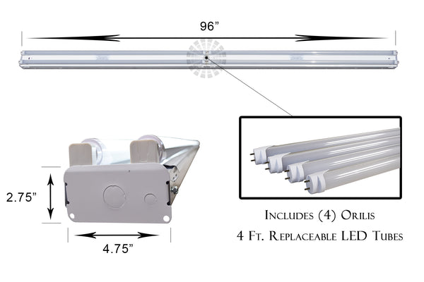 8 Ft 72W Commercial Grade High Output 4 Light LED T8 Fixture (4) 4 Ft Single Ended 18W LED Tubes 5000K - 10500 Lumens