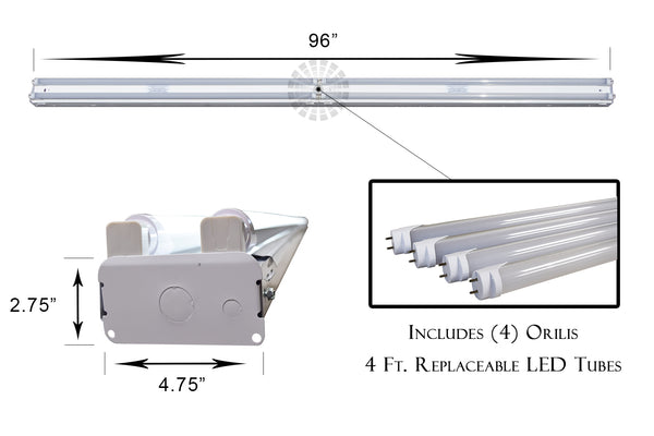 8 Ft. 88W White Flush Mount Commercial Hardwired Ceiling Fixture + (4) LED T8 Tubes