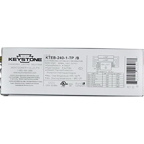 Keystone 1 or 2 lamp T12 Instant Start Electronic Ballast KTEB-240-1-TP/B - OPEN BOX