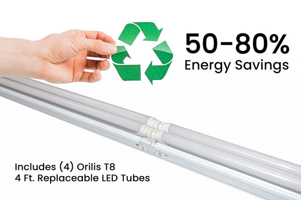8 Ft. 88W White Flush Mount Tandem Hardwired Ceiling Fixture + (4) LED T8 Tubes