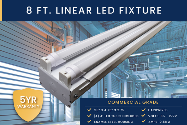 8 Ft. 88W White Flush Mount Commercial Hardwired Ceiling Fixture + (4) LED T8 Tubes