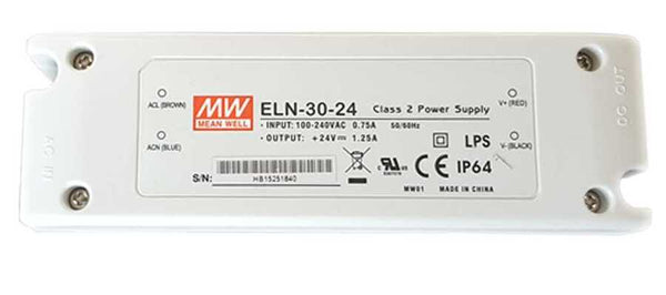 Mean Well ELN-30-24-Class 2 Power Supply, Input: 100-240VAC 0.75A 50/60Hz. Output: +24VDC 1.25A LPS CE IP64 - ORILIS LED LIGHTING SOLUTIONS