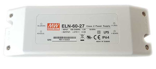 Mean Well ELN-60-27-Class 2 Power Supply, Input: 100-240VAC 1.2A 50/60Hz.  Output: +27VDC 2.3A LPS CE IP64 - ORILIS LED LIGHTING SOLUTIONS