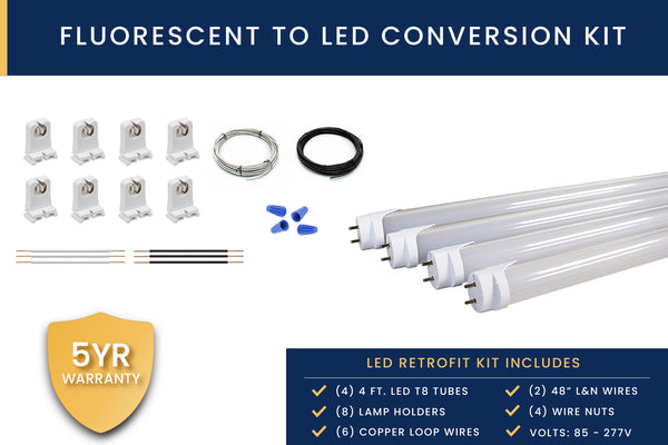 4 Light Fluorescent to LED Retrofit Conversion Kit +(4) LED Single-Ended T8 Tubes