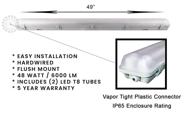 4 Ft. 48W Grey Water Vapor Tight Lighting + (2) 6500K LED T8 Tubes